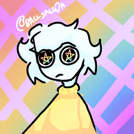 My sona. He has messy white neck length hair, paper white skin, and big, starry eyes. Like there are actual rainbow stars in their eyes. They are wearing a big yellow sweater, and star has a euphoric look. The background is a rainbow with a warped, pink gr